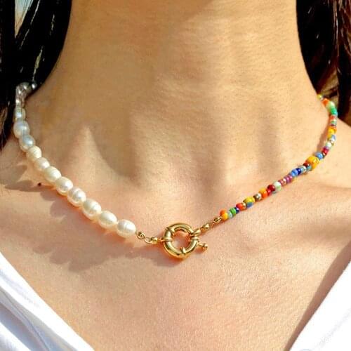 Boho Beaded Pearl Choker Necklace Women Girls Clavicle Chain Handmade Beads Neck Chain Collar Fashion Summer Beach Jewelry Colar