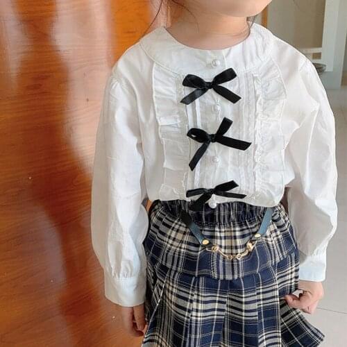 Spring Autumn Girls Blouse Baby White Shirt Kids Blouse Children Clothes Black Bow Patch Front Ruffle Ruched 2 To 11 Yrs