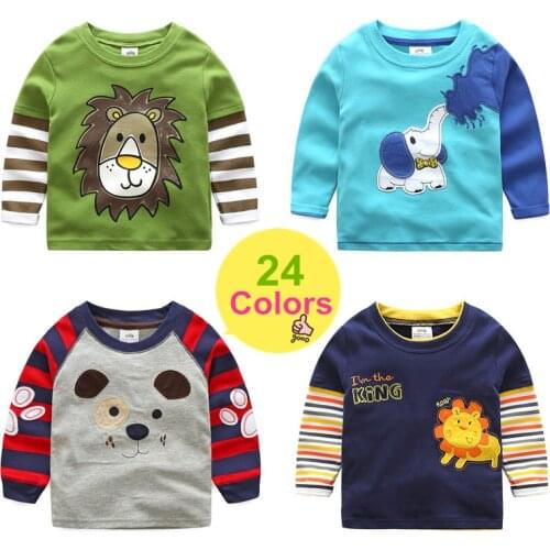 2020 Spring Autumn For 2-8 9 10 Years Children Cotton Striped Color Patchwork Cartoon Animal Baby Kids Boys Long Sleeve T-Shirts