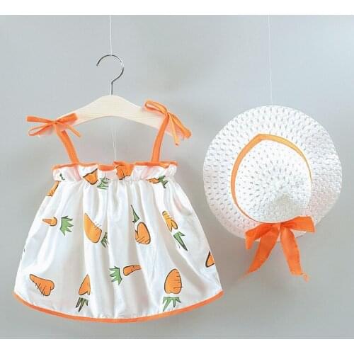 NEW Dresses Children Baby Kids Girls Clothes Cute Cotton Carota Printed Sleeveless Princess Summer Dress + Sun Hat Clothes Kid