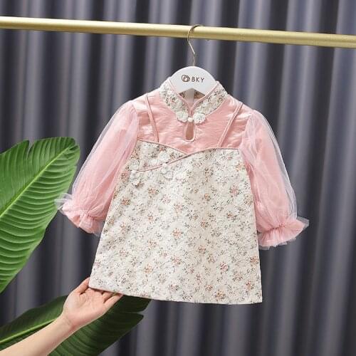 Childrens Cheongsam Autumn Chinese Style Floral Dresspure cotton Cheongsam skirt Kids Mesh Princess Dress