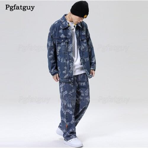Hip-Hop Loose Mens Jeans Set New Oversized Letter Printed Long Sleeve Denim Jacket and Jeans Two Pieces Sets Male Streetwear