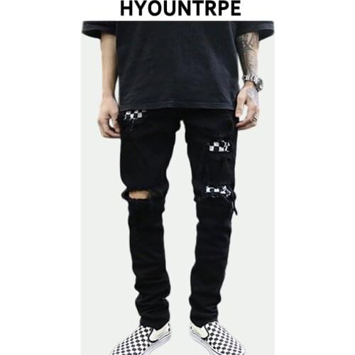 Knee Hole Destroyed Jeans Patchwork Plaid Patch Ripped Slim Mens Biker Jeans Fashion Streetwear Hip Hop Zipper Pants Jogger