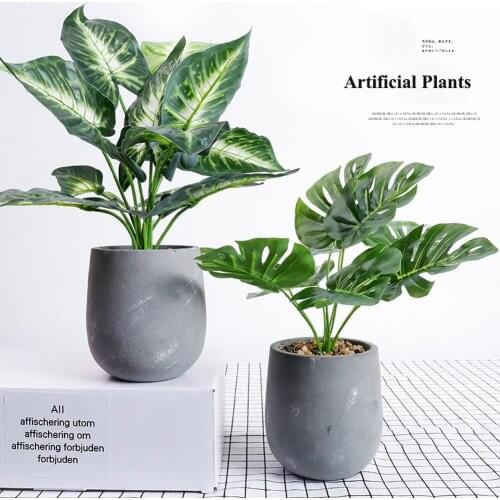 Artificial Potted Plants Leaves for Decoration Turtle Scindapsus Oak Taro Leaf Garden Indoor Nordic Ornaments with Cement Pot