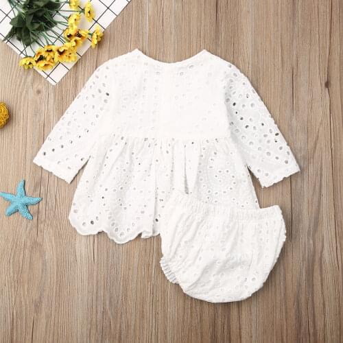 Pudcoco Newborn Baby Girl Clothes Solid Color Long Sleeve Hollowing Out Dress Short Pants 2Pcs Outfits Cotton Clothes