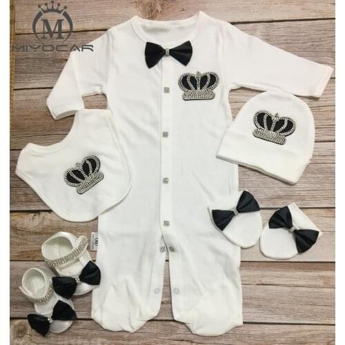 MIYOCAR bling Rhinestone black 0-6m newborn clothes all cotton unique baby clothes one piece bodysuit baby hat bib shoes set S4