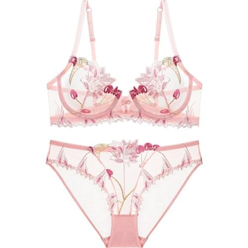 New Thin Cup Sexy Lace Lingerie Large Size Ladies Underwear Hot Style Transparent Mesh Embroidered Bra Set