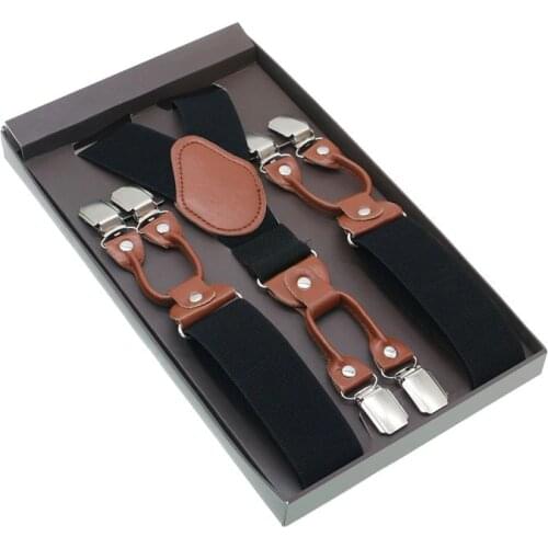 Male Shirt Suspenders Brown PU Leather Solid 6 Clips Suspenders Western-style Trousers Man Braces Adjustable Suspender