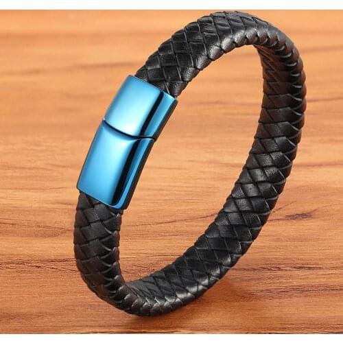 Classic Luxury with Leather Combination Suture Blue Simple Buckle Titanium Steel Leather Mens Bracelet Hand Woven Bracelet
