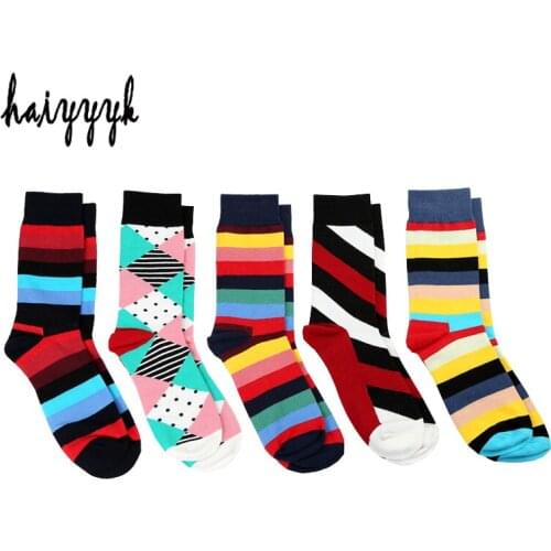 New Combed Cotton Mens Socks Colorful Stripe Compression Socks Happy Dress Socks Men Big Size 39-46 NO BOX