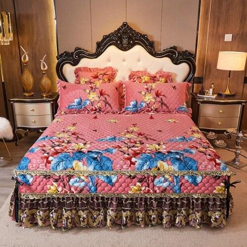 2020 new Thickened warm crystal velvet Bed spread Fitted Sheet Pillowcases 2/3 pcs Luxury Pleated lace princess bedding