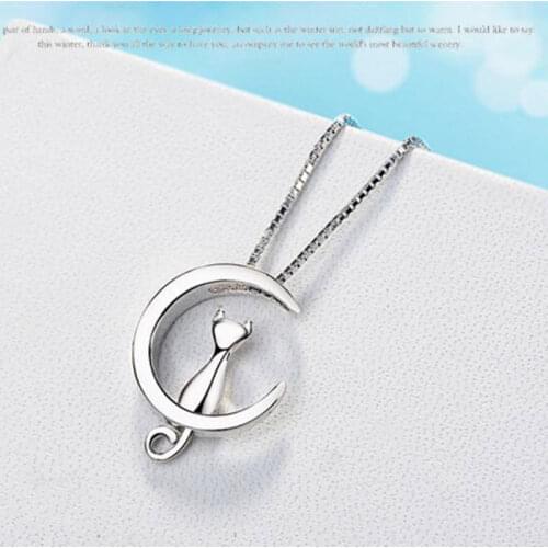 Silver Color Necklace For Women Moon Kitten Cat Necklaces & Pendants Box Chain kolye