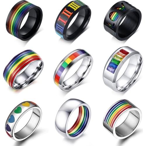 Wholesale Rainbow Lesbian Rings silver color Stainless Steel Lgbt Pride Ring 6m Width