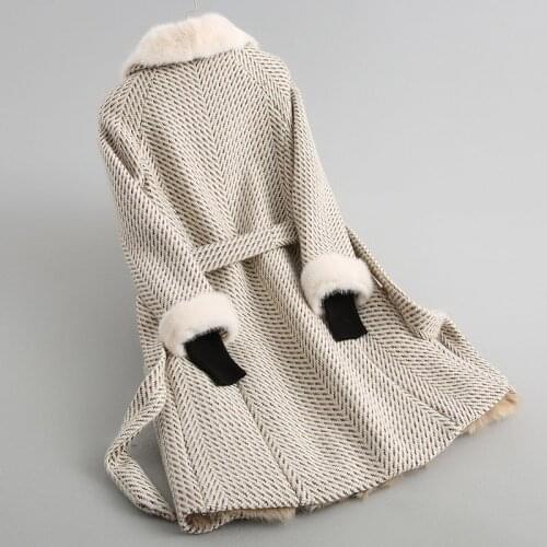 Womens Fur Coat Tweed Wool Jackets Real Mink Fur Collar Warm Winter Jacket Women Natural Lamb Fur Liner 68247 WYQ1940