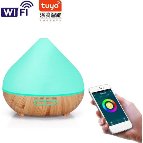 Smart WIFI Humidifier 400ml Wood Grain Wireless Aromatherapy Oils Diffuser Compatible with Alexa Google Home for Home Bedroom