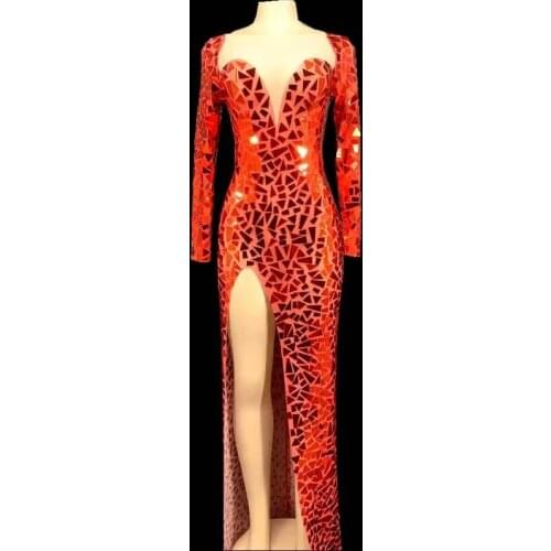 Evening Event Party Dress Sparkly Mirrors Mesh Transparent Long Dress Birthday Celebrate Outfit Prom Bar Women Stage Dress