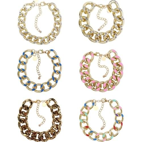 Wgoud Fashion Thick Metal Crystal Chains Charm Bracelet For Women Men Punk Hip Hop Colorful Enamel Chains Bangle Bracelet