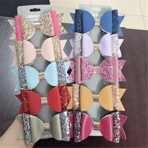 2pcs/set Double-deck Clip Hair Bow Princess Kids Girl Hair Clip Faux Glitter Felt Litchi Stria PU Leather Hair Grip Two Layers