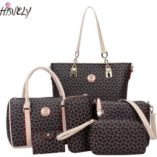 HISUELY 6 Sets Women Bone Pattern Handbag Shoulder Bag Crossbody Bag Composite Bags Designer Lady Famous Fashion Bag Hot Sale