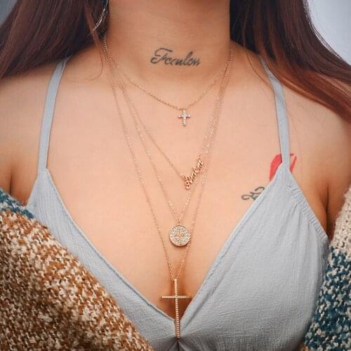 2020 Women Necklace Fashion Long Layered Disc Alphabet Cross Paragraph Hiphop Jewelry Women Pendant Necklace for Women