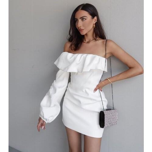 2021 Spring Sexy Off Shoulder Full Sleeve White Ruffle Mini Bandage Dress Woman Party Night Club Party Dress Vestidos