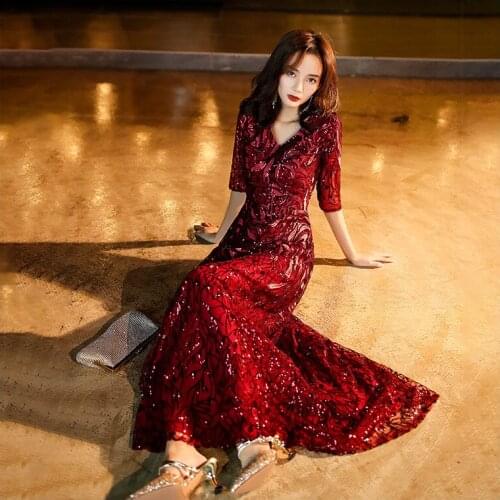 Women Sexy Burgundy Banquet Dresses Exquisite Sequins Mermaid Evening Party Dress Tassel Floor Length Qipao Robe De Soiree