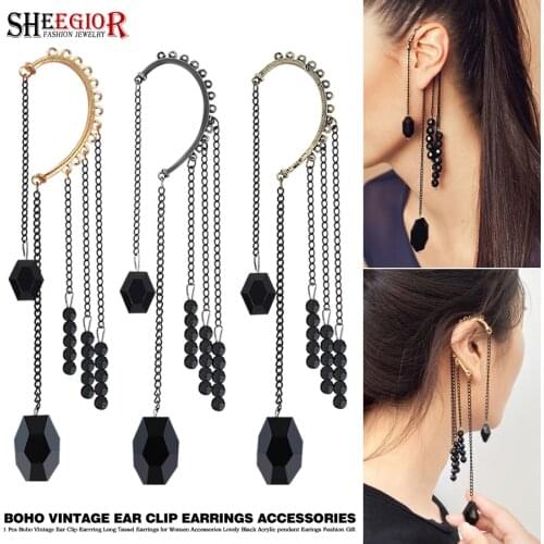 1pcs Boho Vintage Ear Clip Earrring Long Tassel Earrings for Women Accessories Lovely Black Acrylic pendant Earings Fashion Gift