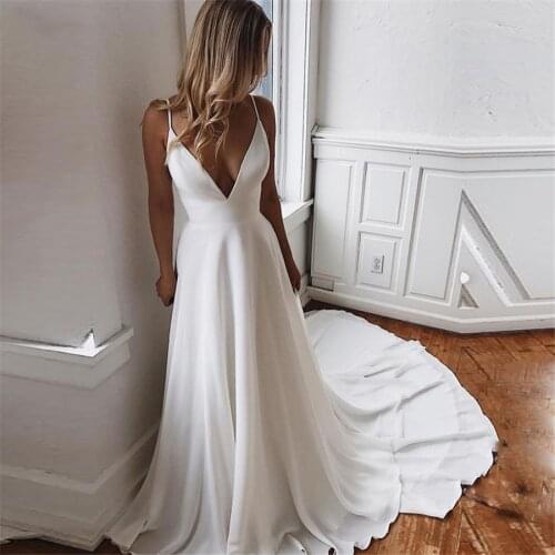 2020 Sexy Spaghetti Strips A-Line Wedding Dresses Lace Back Bridal Gowns Formal Long Simple Robe De Mariee Custom