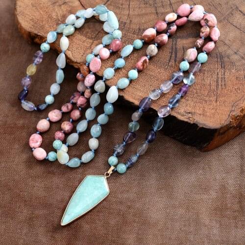 Amazonite Shield Pendant Stones Beaded Long Necklace Couple Statement Jewelry