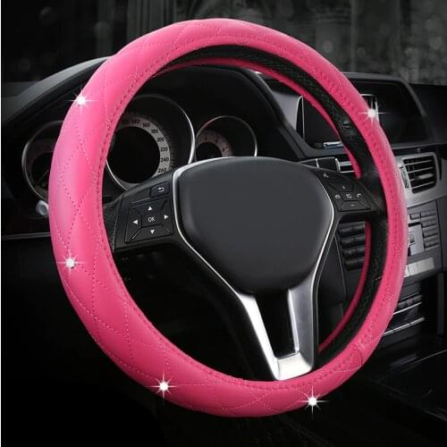 Diamonds Pink Car Steering Wheel Cover PU Leather M size for VW Kia Nissan Volvo Opel Toyota Subaru Girls Auto Accessories