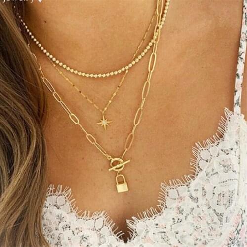 Multi-Layer Fashion Creative Eight-Pointed Star Lock Pendant Necklace Alloy Clavicle Chain Boho Style Lady Charm Jewelry Party