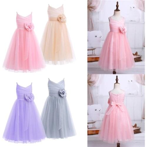 Children Flower Princess Girls Dress Party Dresses Pleated Tulle Mesh Spaghetti Straps Bowknot Girls Summer Dress Tea Length