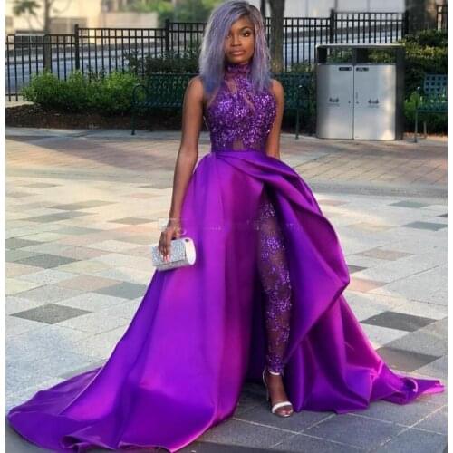 Purple prom dresses 2020 panty lace sequins jumpsuit long evening dresses gowns