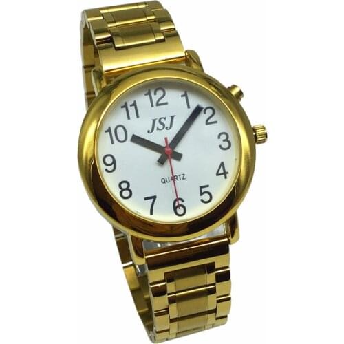 French Talking Watch with Alarm Function, Talking Date and time, White Dial, Folding Clasp, Golden Case TAF-508