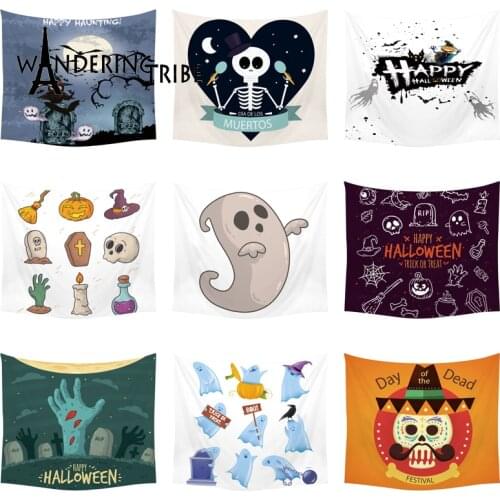 Happy Halloween Wall Hanging Trick or Treat Tapestry Witch Broom Hat Rip Candle Skull Pumpkin Ghost Spider Decor Dropshipping