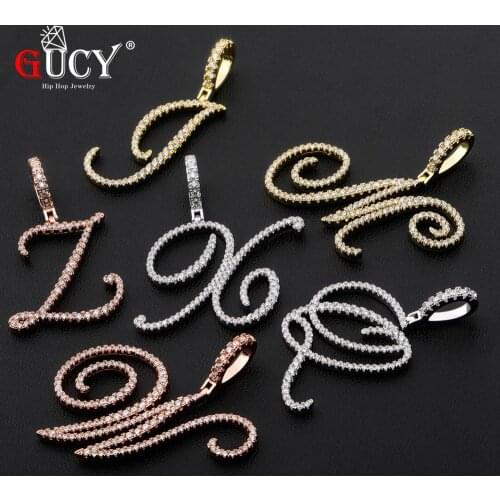 GUCY New A-Z Cursive Letters Pendant & Necklace Iced Out Cubic Zircon Gold Silver Color Charm Hip Hop Jewelry