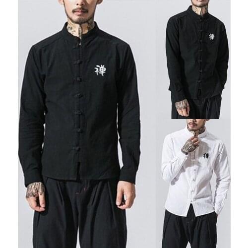 Chinese Shirt 2021 Fall New Style Cotton and Linen Stand Collar Long-Sleeved Shirt Mens Embroidered Disc Button Casual Shirt
