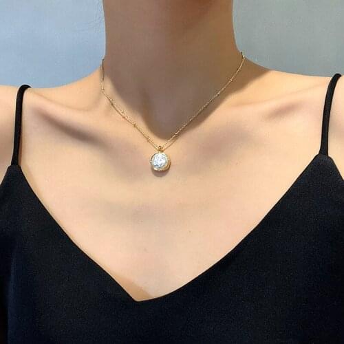 Korean Style Shell Pearl Round Pendant Titanium Steel Necklace for Women Fashion Gold Color Chains Choker Collar Jewelry C393