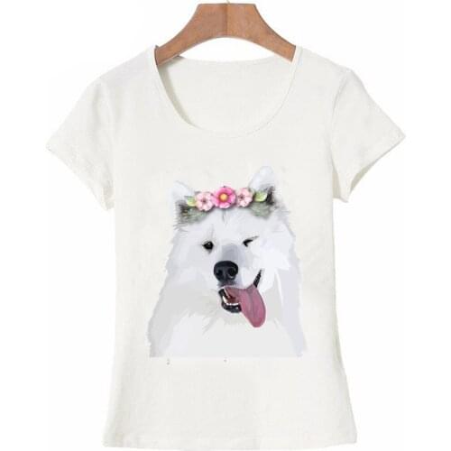 Cute dog Summer fashion Womens Tshirt short sleeve Pretty Samoyed Dog T-Shirt funny design lady Tops novelty girl graphic Tees