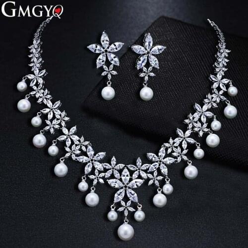 GMGYQ Trendy Imitate Pearl Jewelry Fashion Bride AAA Cubic Zircon Earrings Necklace Set Factory Wholesale Sales