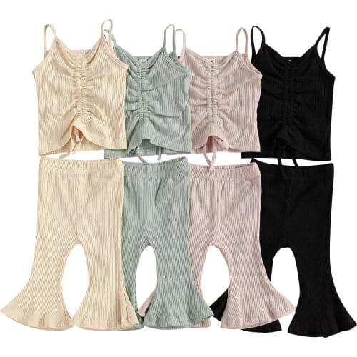 Fashion Baby Girls Clothes Set Summer Baby Sleeveless Ribbed Drawstring Cami Tops Flare Pants Casual Toddler Outfits Set
