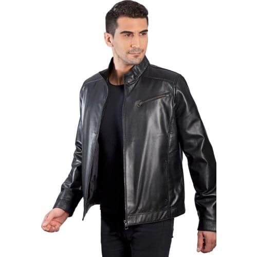 2020 New Real Leather Mens Winter Autumn Black Zipper jacket