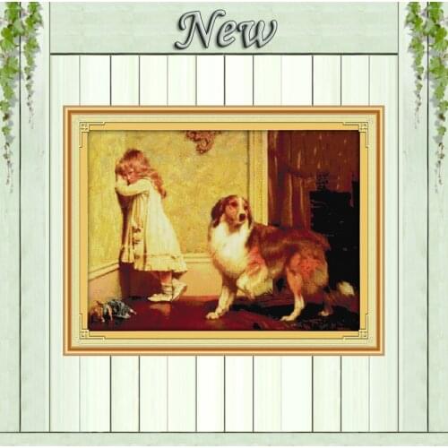 Girl and Sheepdog,childhood partners,Counted print on canvas DMC 14CT 11CT Cross Stitch Needlework kit,Embroidery Set,Dog animal