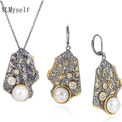 Irregular Pearl Pendant Earrings sets for Women Vintage Jewelry Punk Cool 2pcs Necklace set