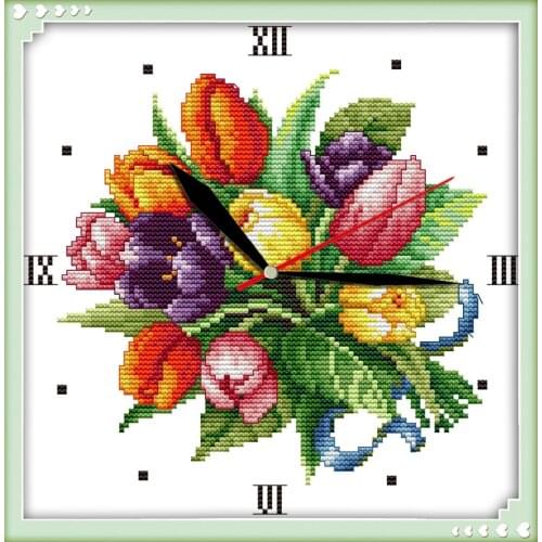 Joy sunday Tulip clock face counted free wall clock cross stitch pattern christmas decorations for home
