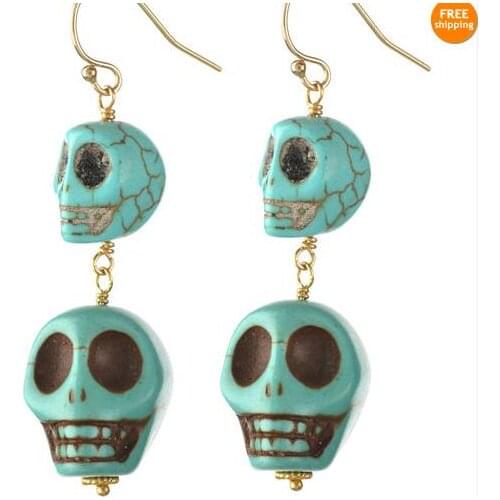 New Classic Favorite Pearl Store Authentic 14K Gold Fill Double Skull Blue Turquoise Earrings Party Gift Fine Jewelry For Women