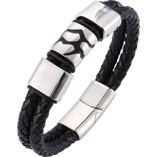 New Design Men Leather Bracelet Jewelry Punk Stainless Steel Magnetic Clasp Male Wrist Band Vintage Bracelet Bangle SP0088