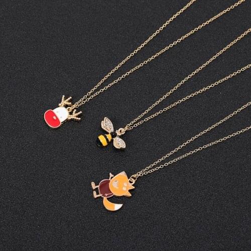 Lucky Cartoon Colorful Animal Fox Necklace Crystal Bumble Queen Honey Bee Necklace Christmas Elk Deer Head Chain Necklaces