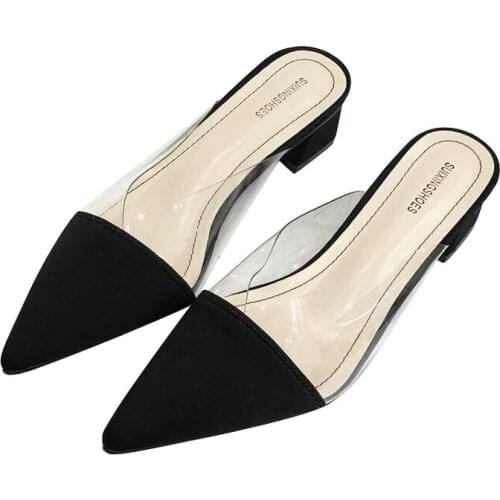 Patchwork pointed toe thick heels slides mules shoes casual summer woman slippers transparent brief lady flipflops elegant shoes