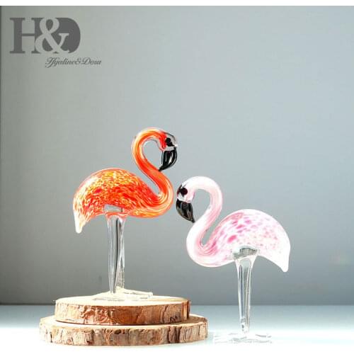 H&D Glass Ornament Sculpture - Art Glass Hand Blown Glass Animal Figurine Home Decoration 2PCS Flamingos (red and pink)